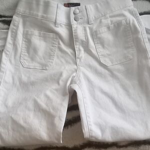 Womans White Wide Leg With Cuff Stretch Jeans with Double-Button Waist